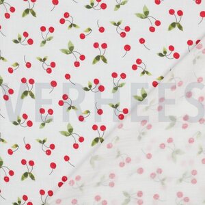 Verhees Textiles Double gauze digital Cherries, valkoinen